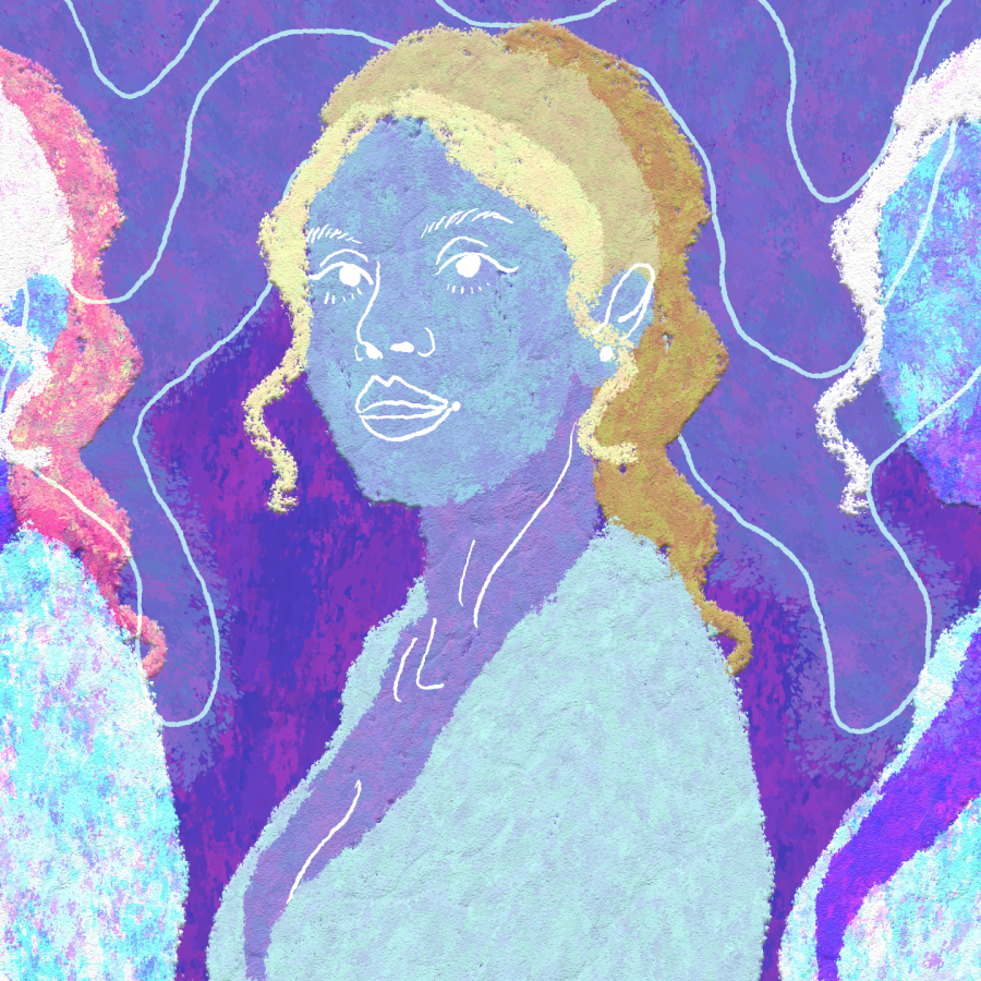 profile with long hair turned toward the viewer on a purple background