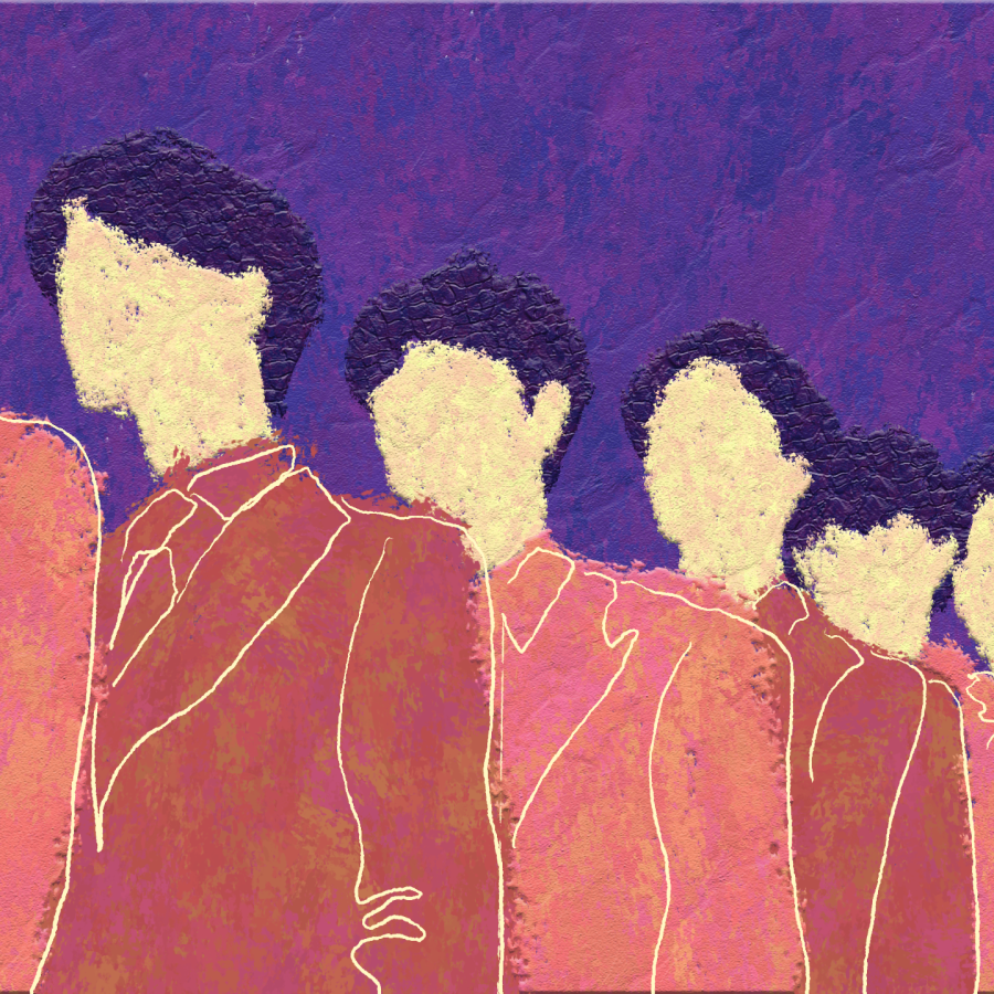 seven men standing in a row with orange clothes on