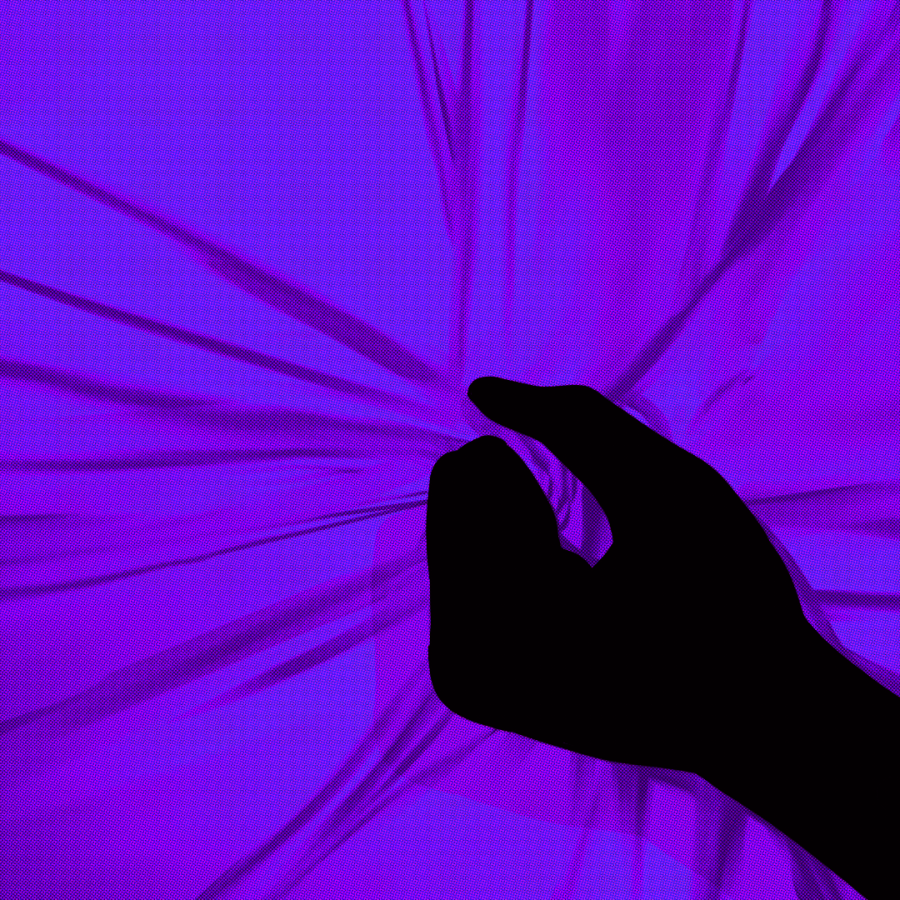 Image of a hand clutching purple sheets