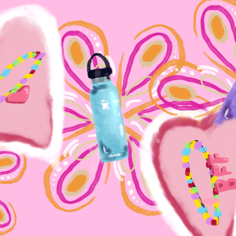 Pink hearts, necklaces, flowers and multicolored bright hydro flask water bottles on a pink background.