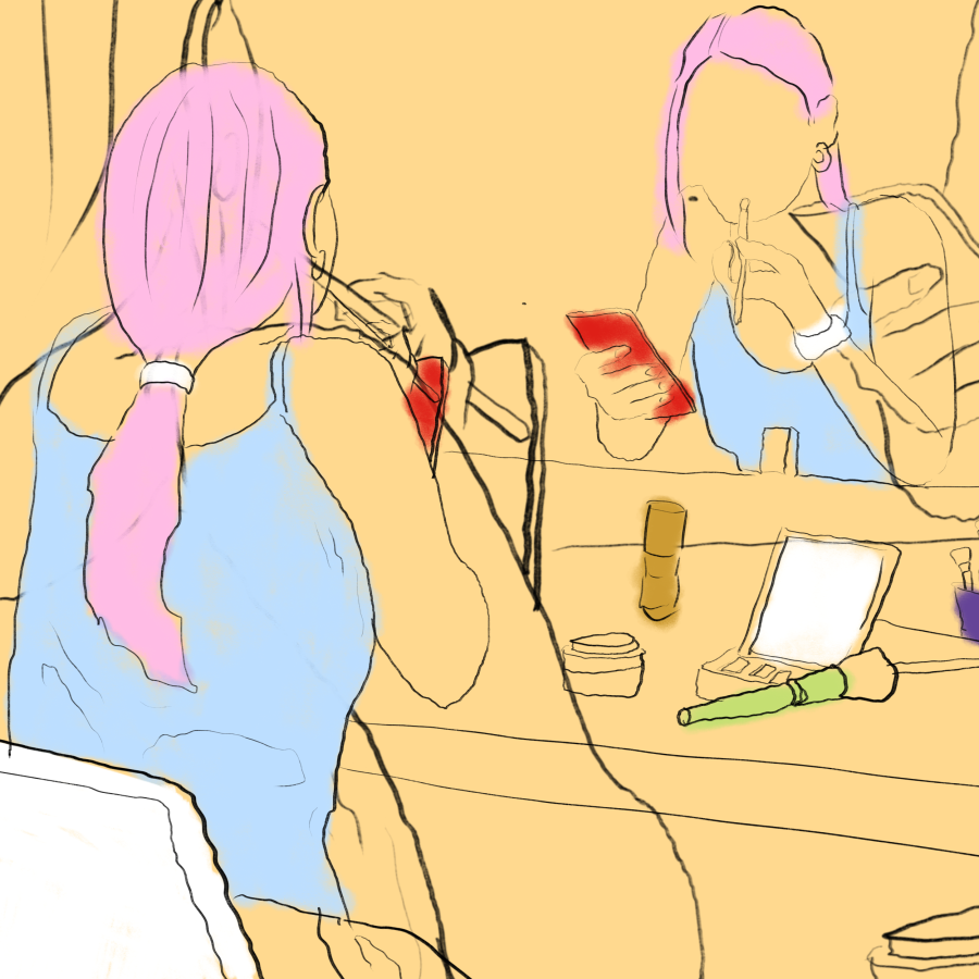 A girl scrolling on her phone while getting ready to go out to a party.