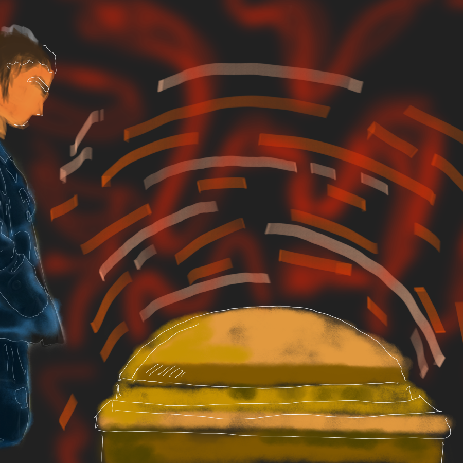 A girl in a dark blue coat looking over a casket at a funeral.