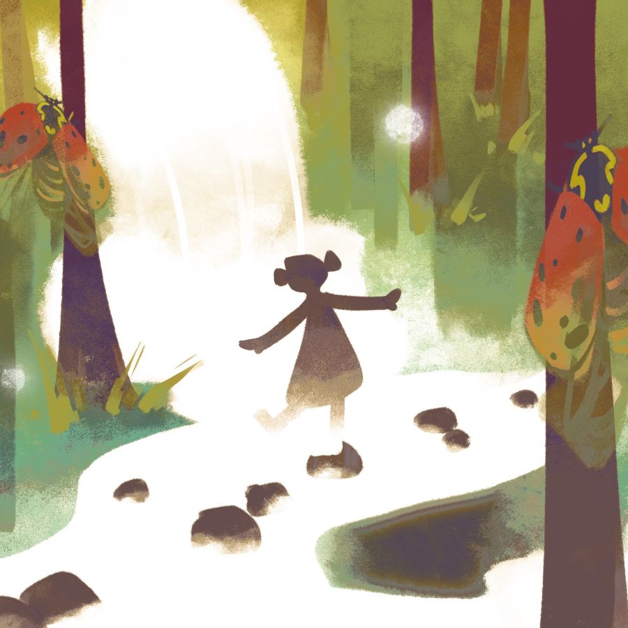 small girl walking through a river in a forest