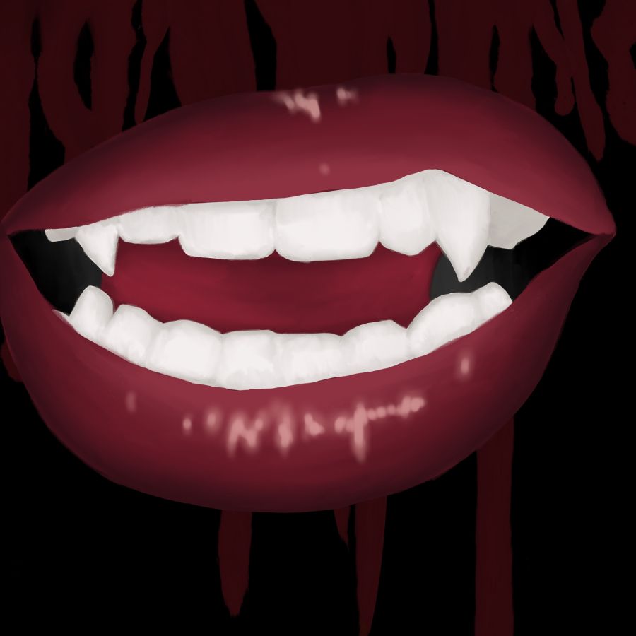 Smirking lips with vampire fangs with a background of dripping blood