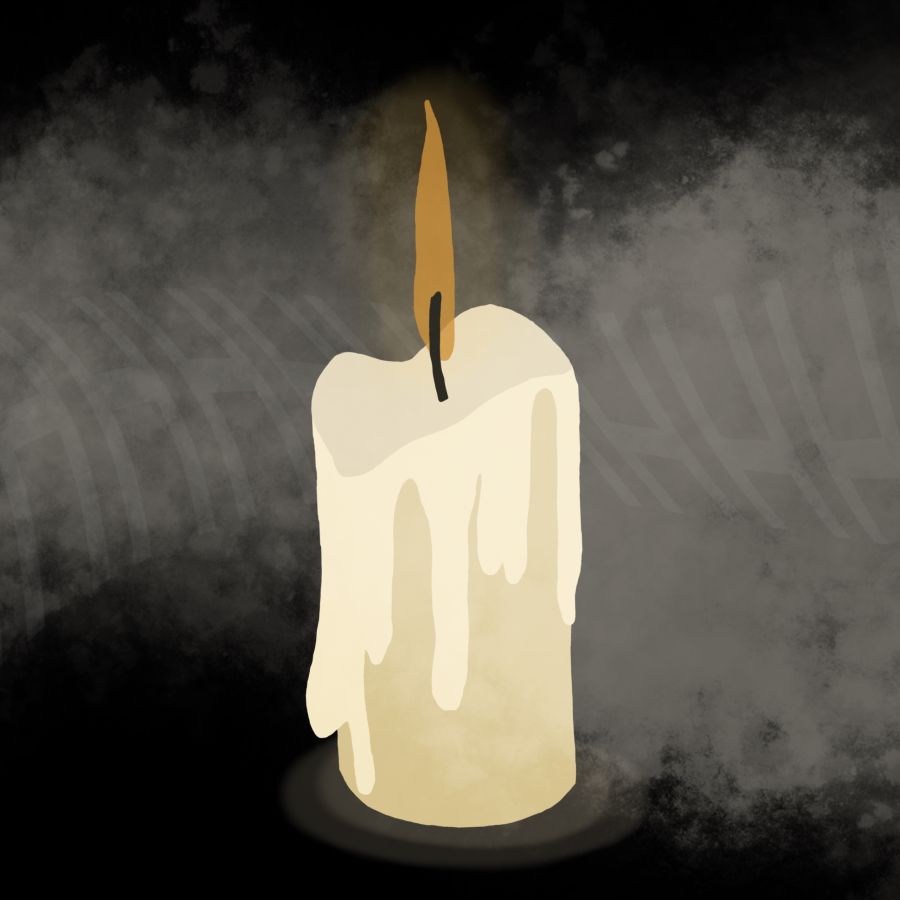 lit candle with dripping wax on a black and gray background