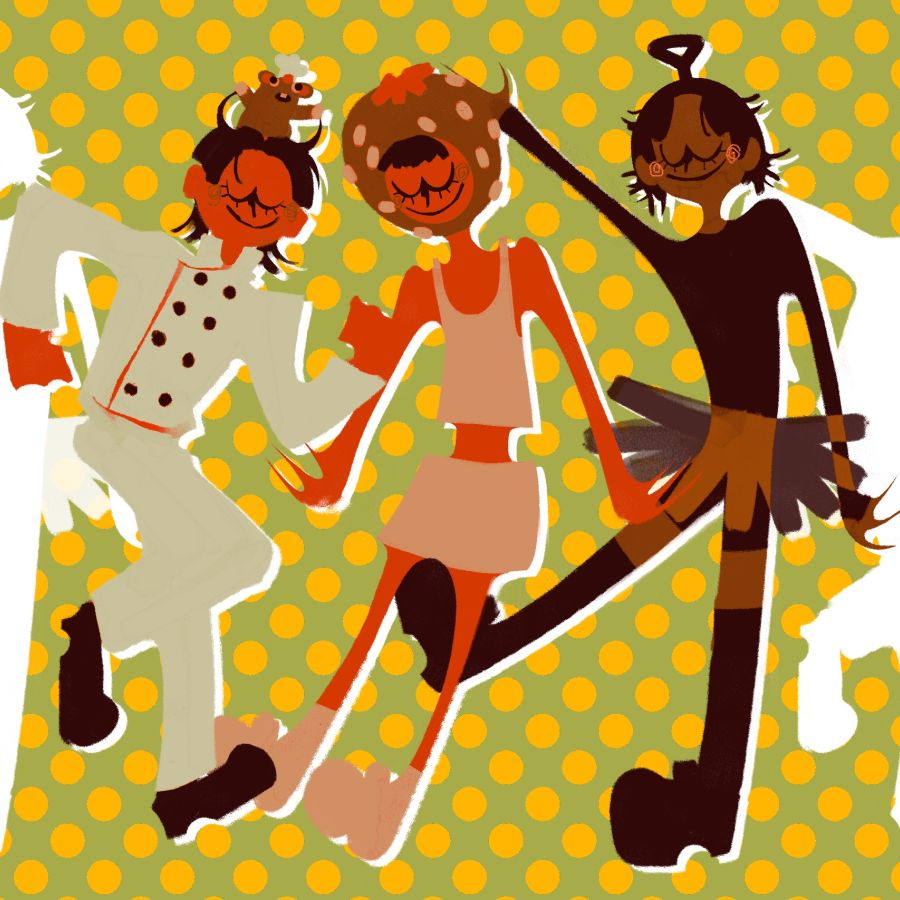 dancing figures in Halloween costumes on a green background with yellow polka dots