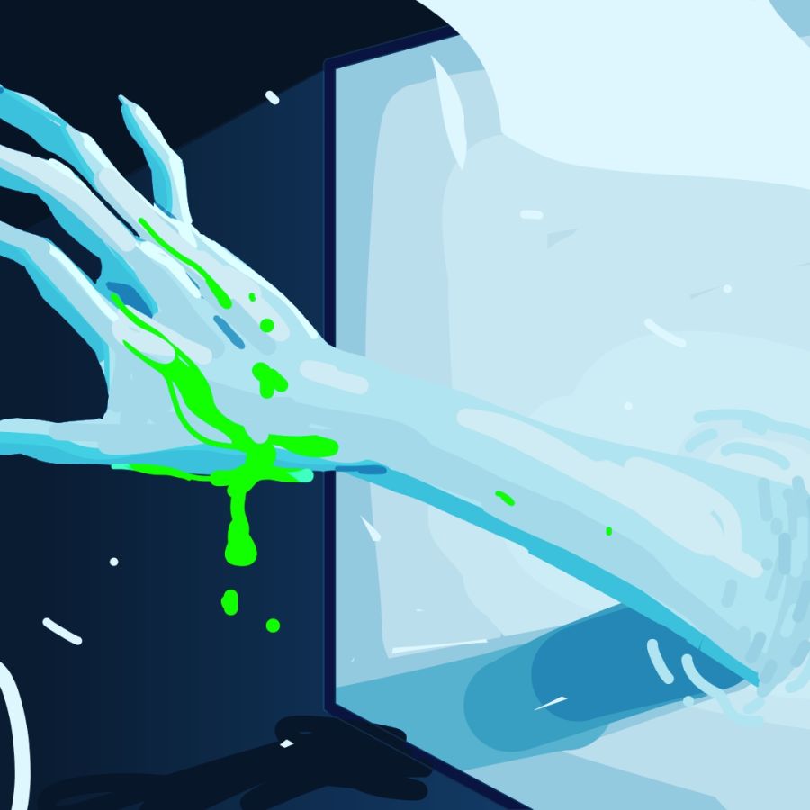 Blue hand with long fingernails and green goo reaching out of a television screen