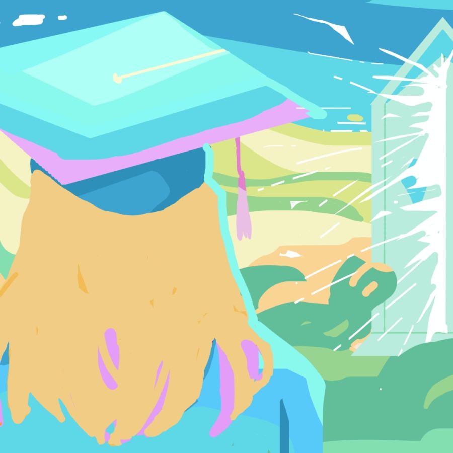 Blonde woman in graduation cap looking forward towards a door in the landscape