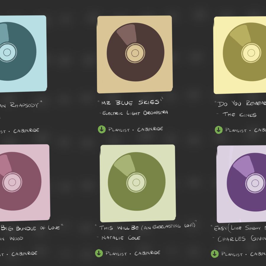 Six different colored records for oldies songs on a black background