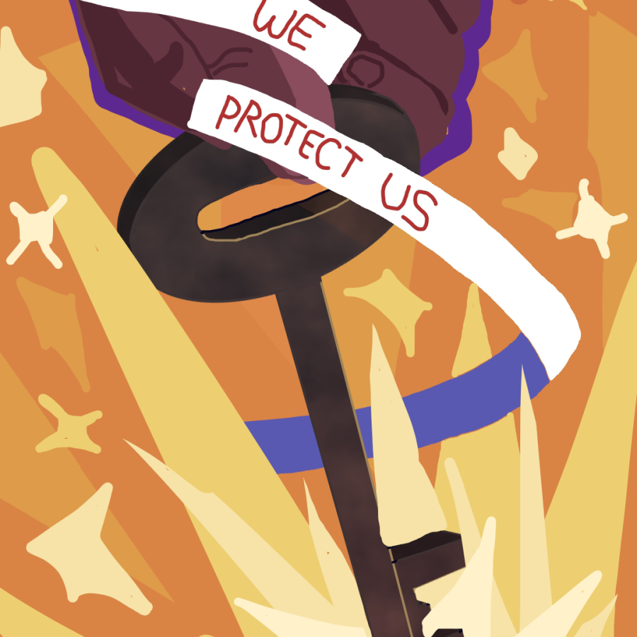 hand holding key with banner reading we protect us