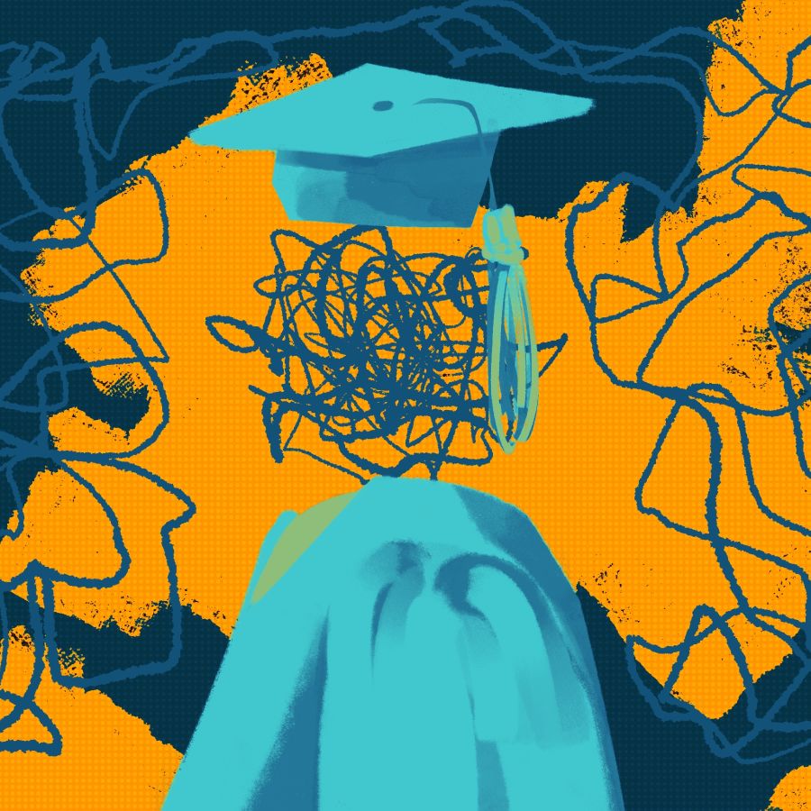 a figure in a teal graduation cap with blue scribbles for a head with a background of orange and blue, with more blue scribbles