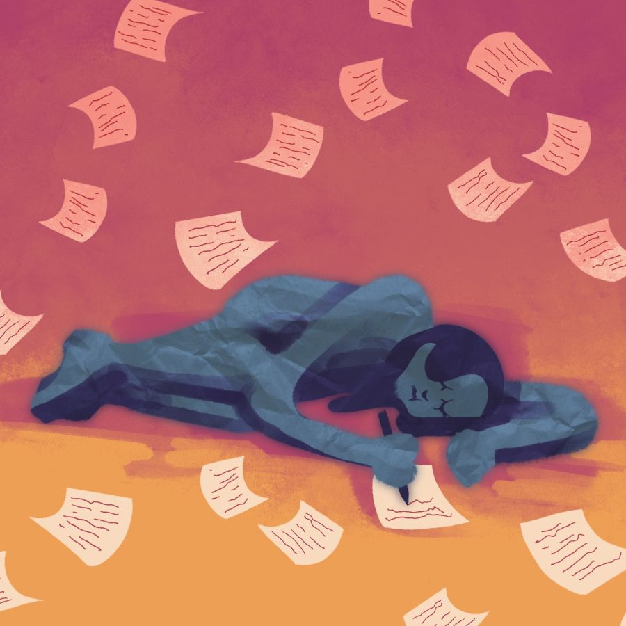 a sad blue figure lays on the floor writing a letter, as pages of writing fall around her on a background that transitions from pink to orange