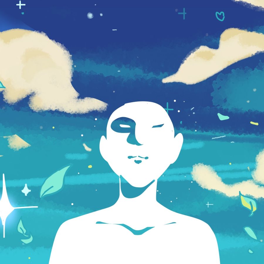 a white figure against a starry blue background with white clouds and floating leaves and hearts