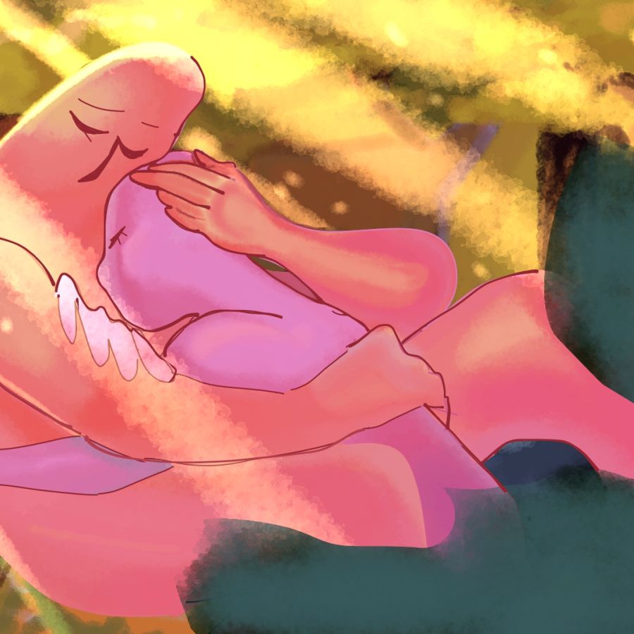 a coral-colored figure hugs close a pink colored figure in the woods, with golden light shining through the trees