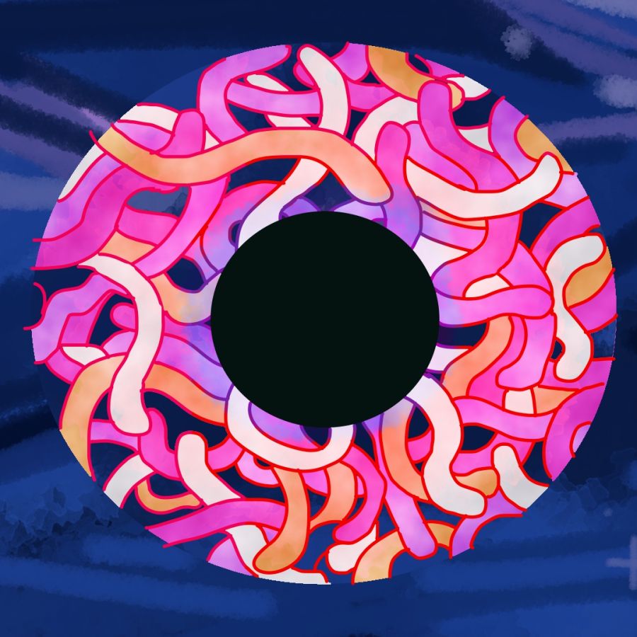 an eyeball made up of pink, orange, and white worms on a dark blue background with waves and stars