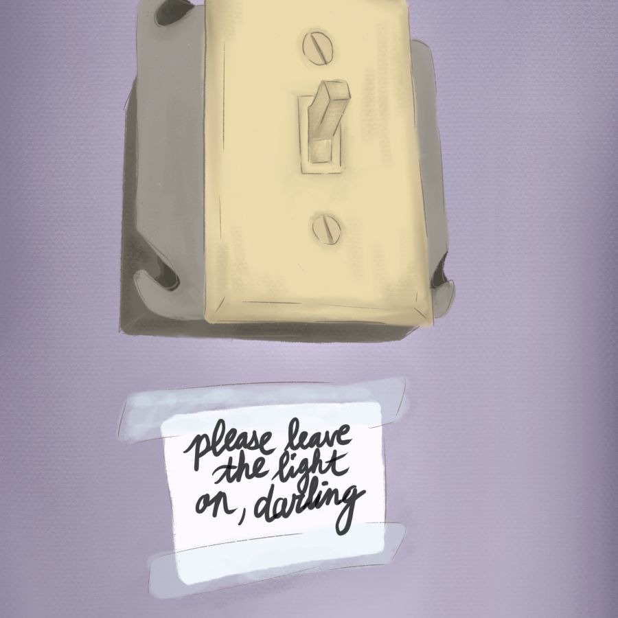 a yellow lightswitch on a purple wall