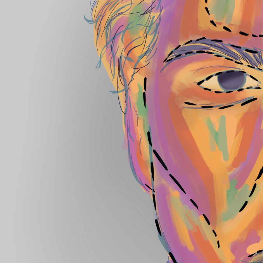 half of a man's sculpted and strikingly handsome face colored in shades of purple, pink, orange, yellow, and green, all on a gray background