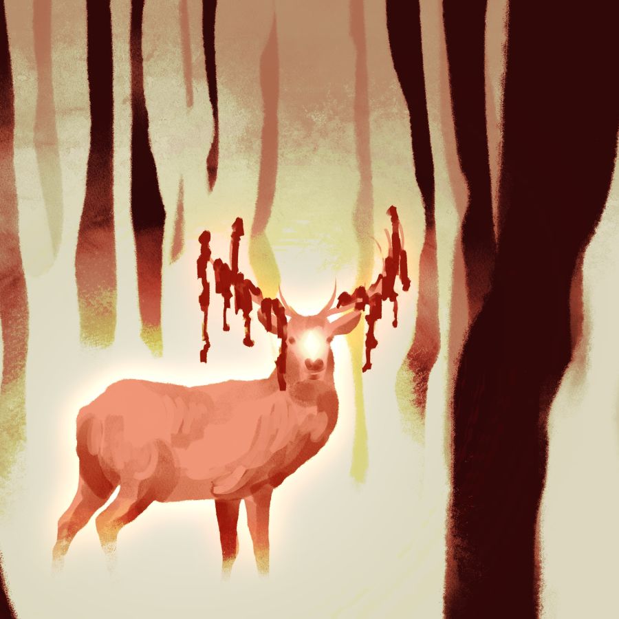 a brown and shadowy forest feauturing a buck whose antlers are shedding staring directly at you