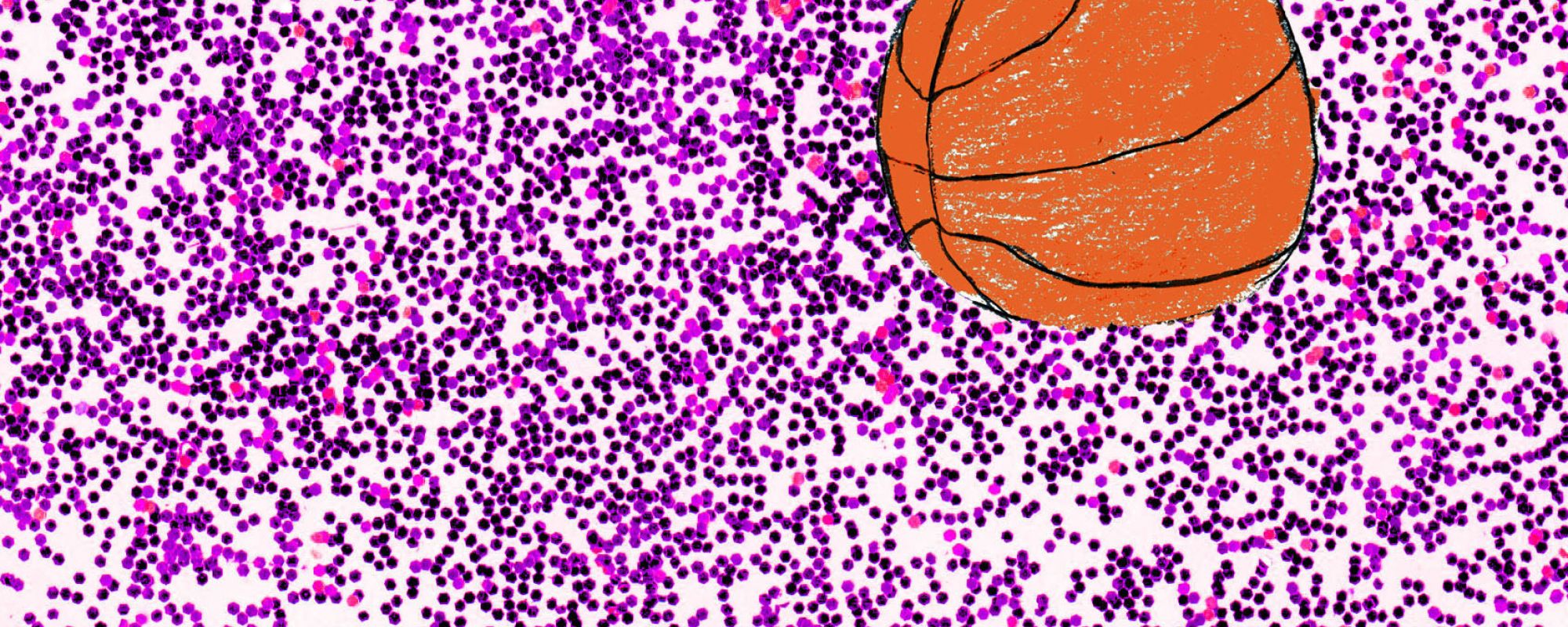 Basketball surrounded by a purple glitter backdrop