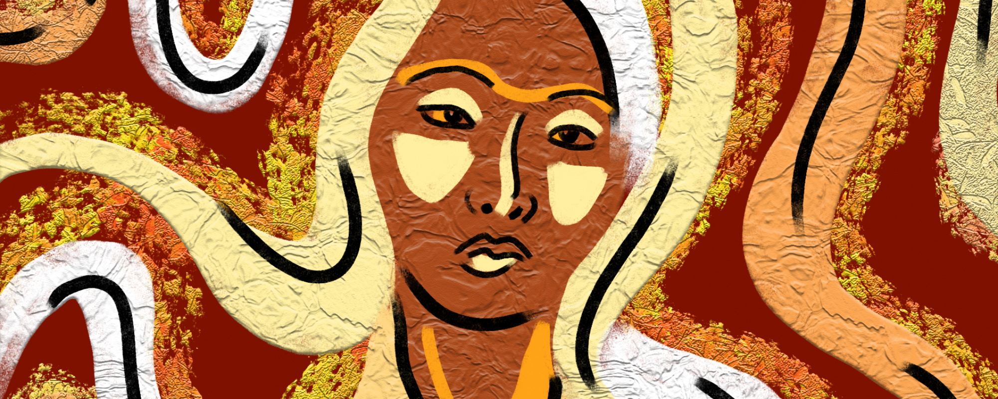orange, yellow, brown, and tan swirls of hair behind a woman