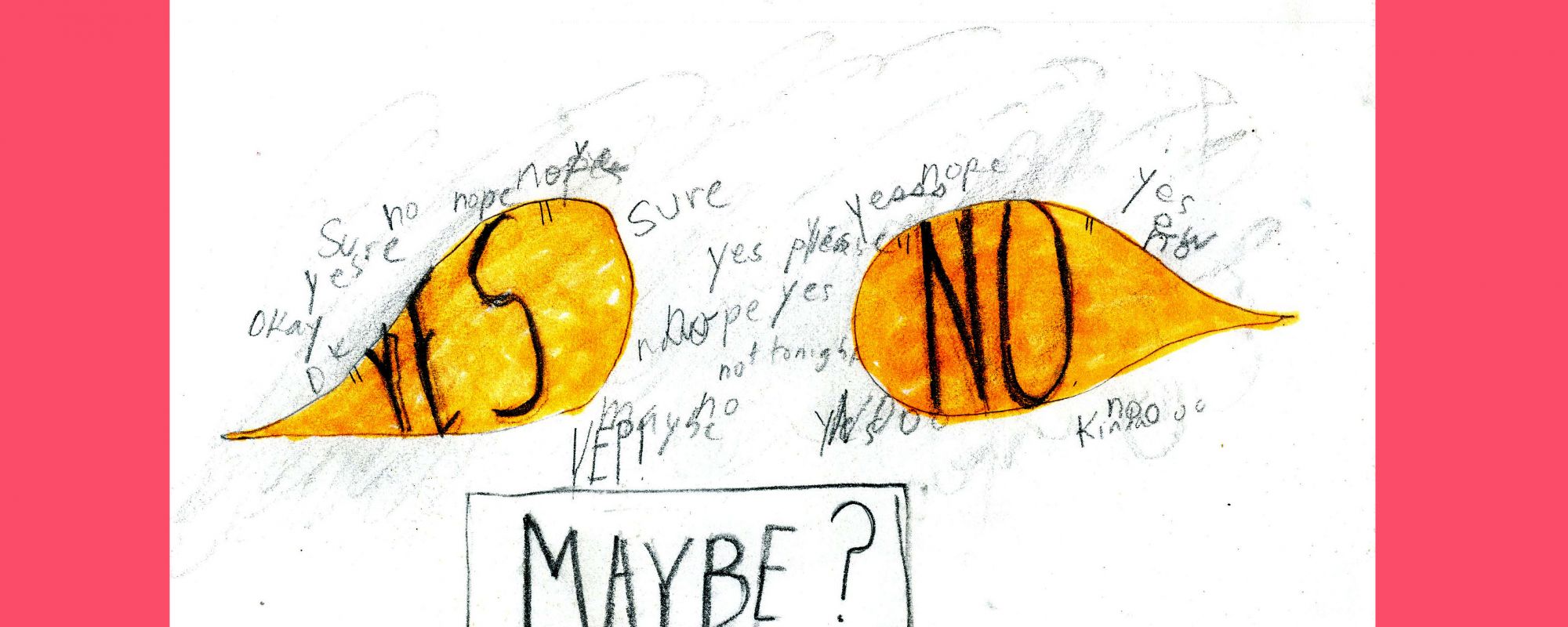 An art piece with the words "yes" "no" and "maybe" clear among other variations of those words.