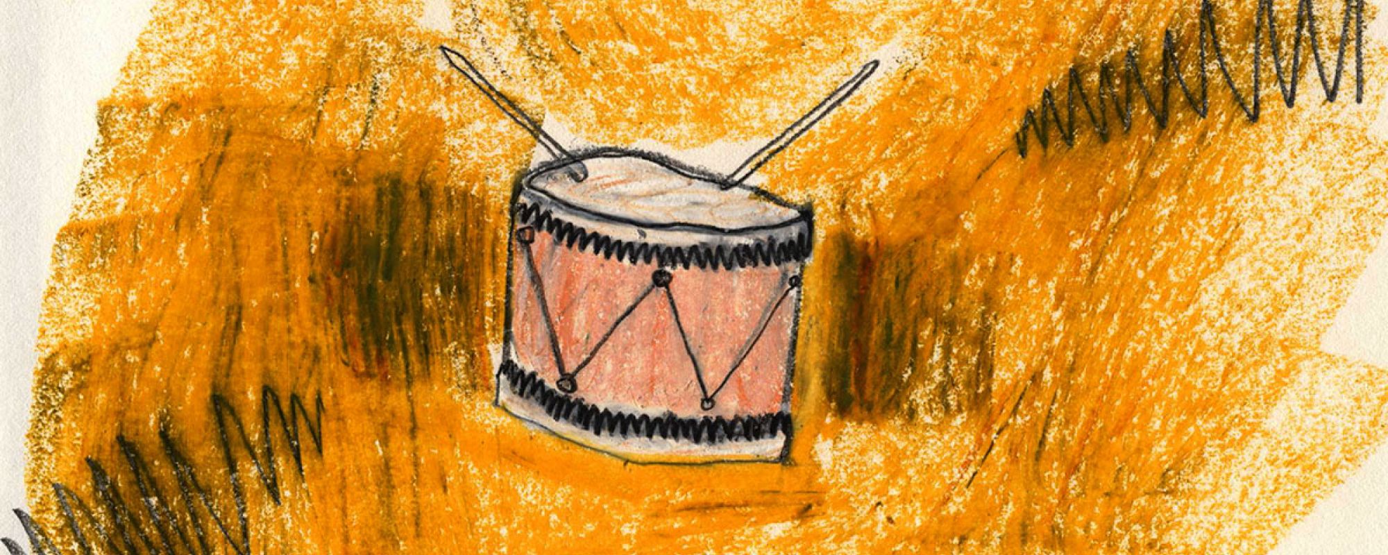 A hand-drawn photo of a drum on an orange background