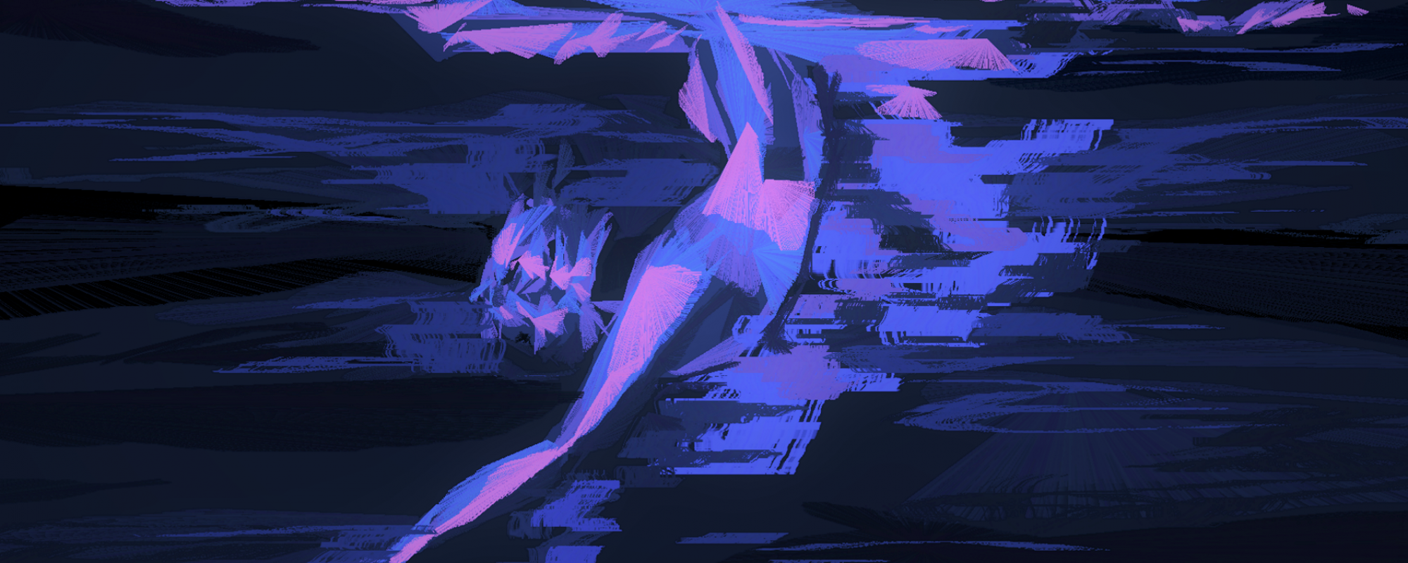 a blurred body, shaded in purple and blue, diving into dark waters