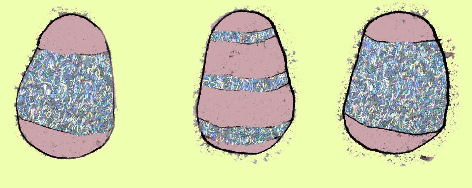 pink sparkly Easter eggs on pale yellow background