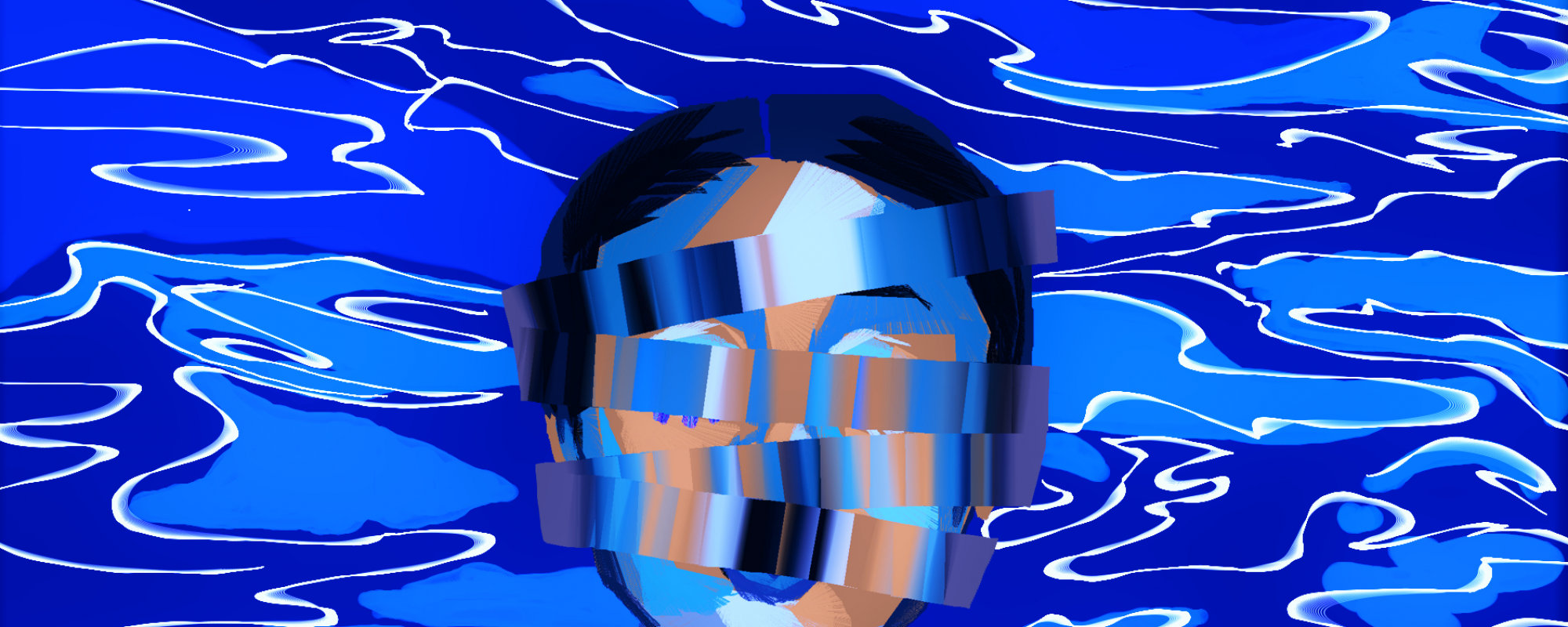 a girl's face with blurred blue over top and a background of blue waves