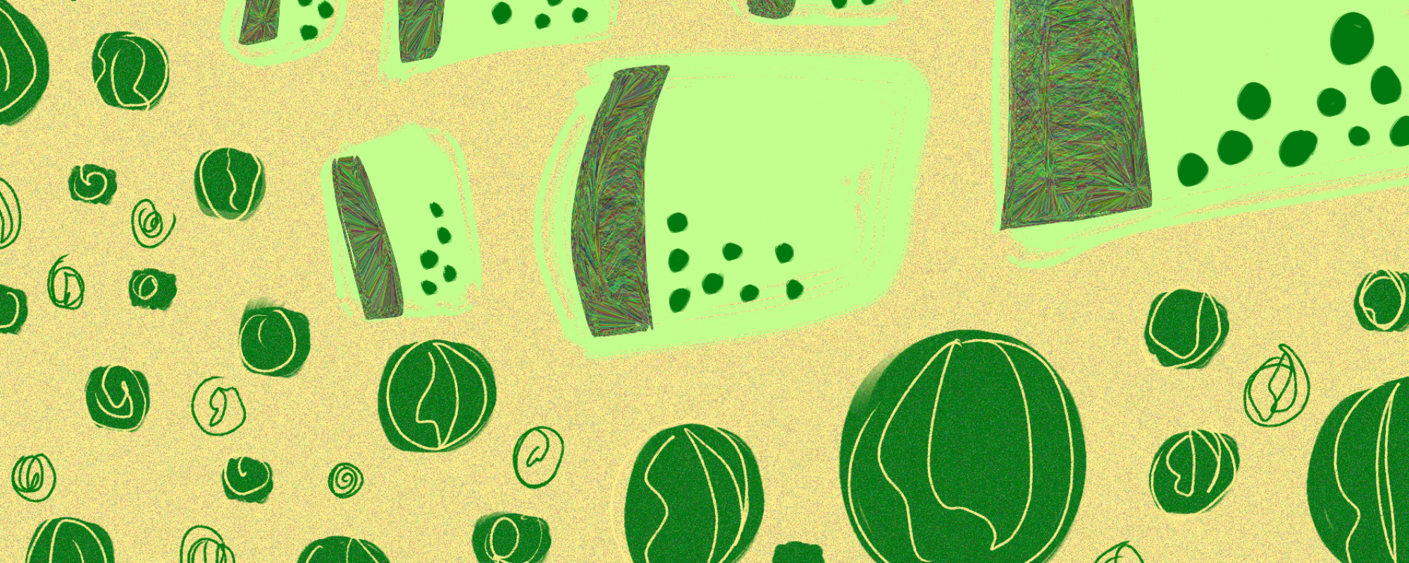 light green dotted jargon their sides, green spheres spilling out in bulk