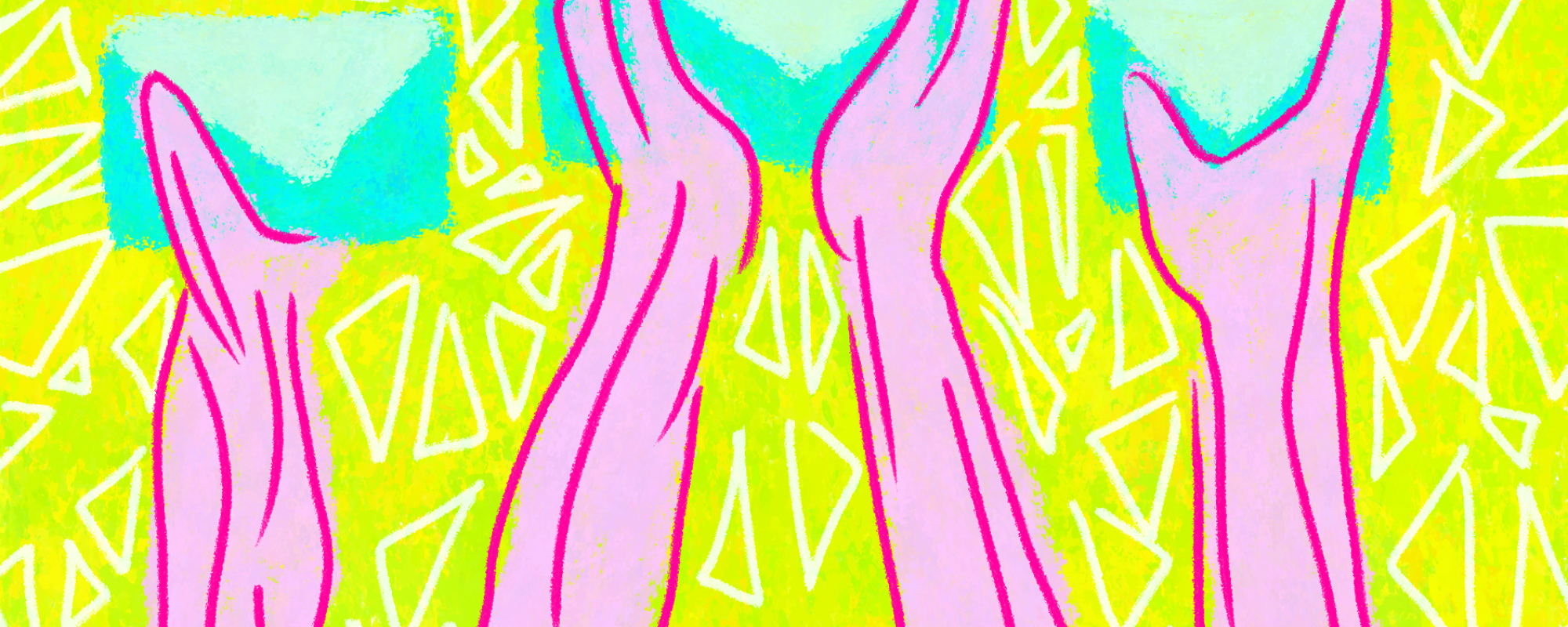 pink hands hold up light blue envelopes a bright green-yellow background