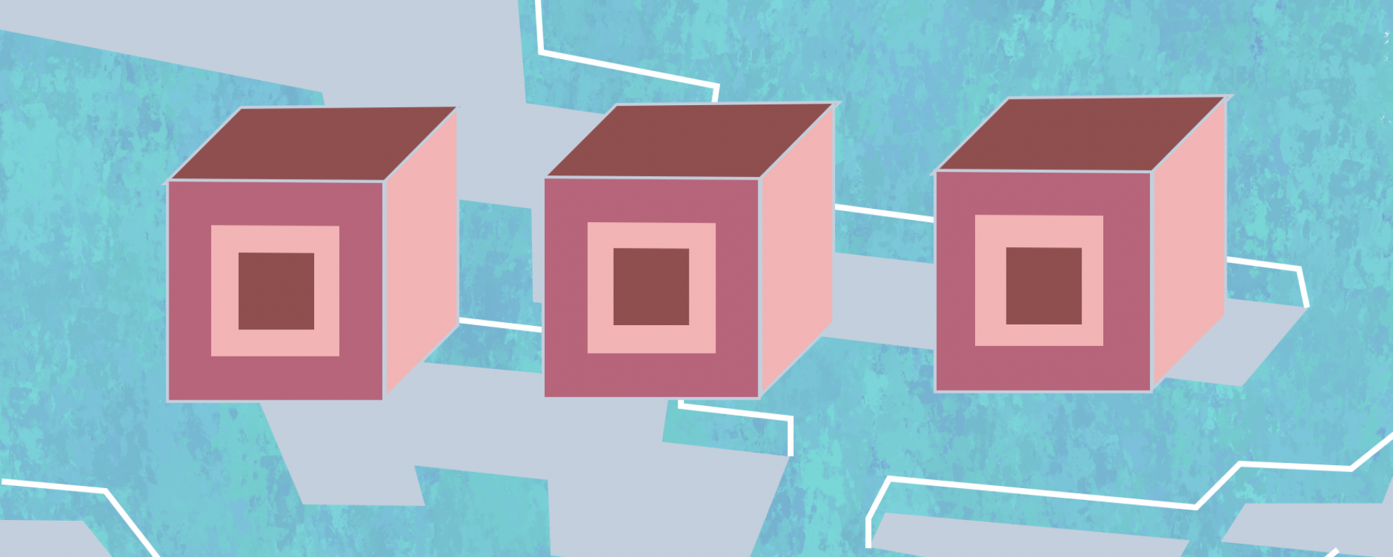 three side-by-side tan and brown cubes floating on a pixelated background of a blue sky with clouds