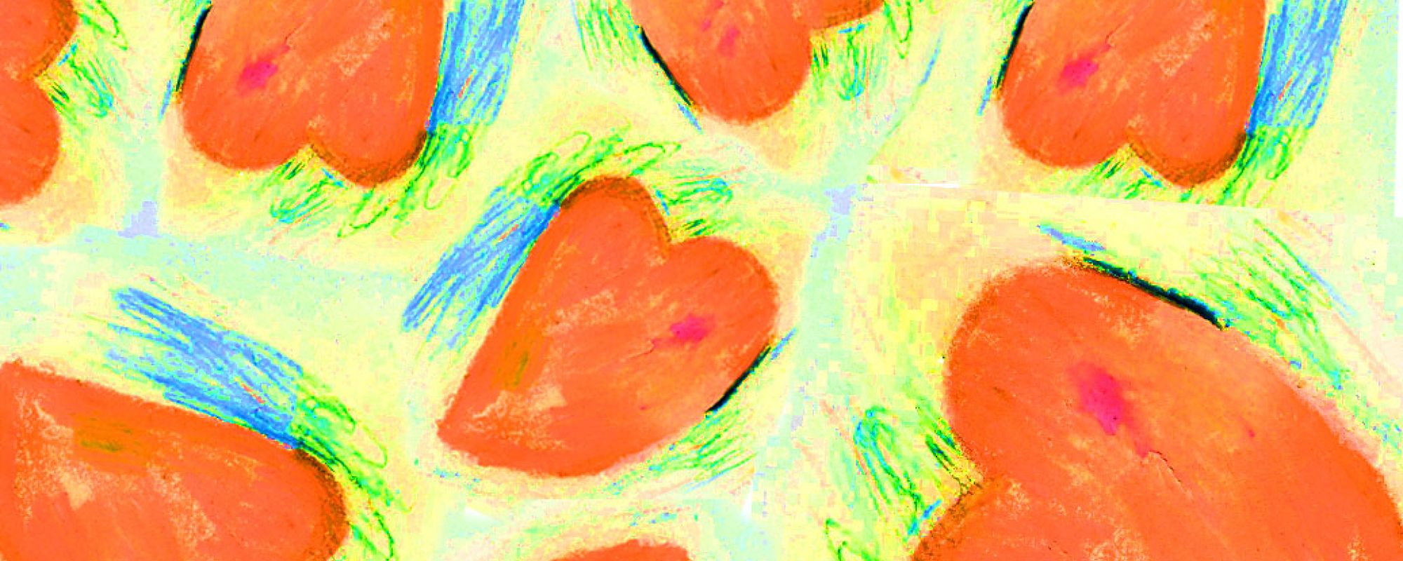A hand-drawn photo of hearts on a yellow, blue, and green background.