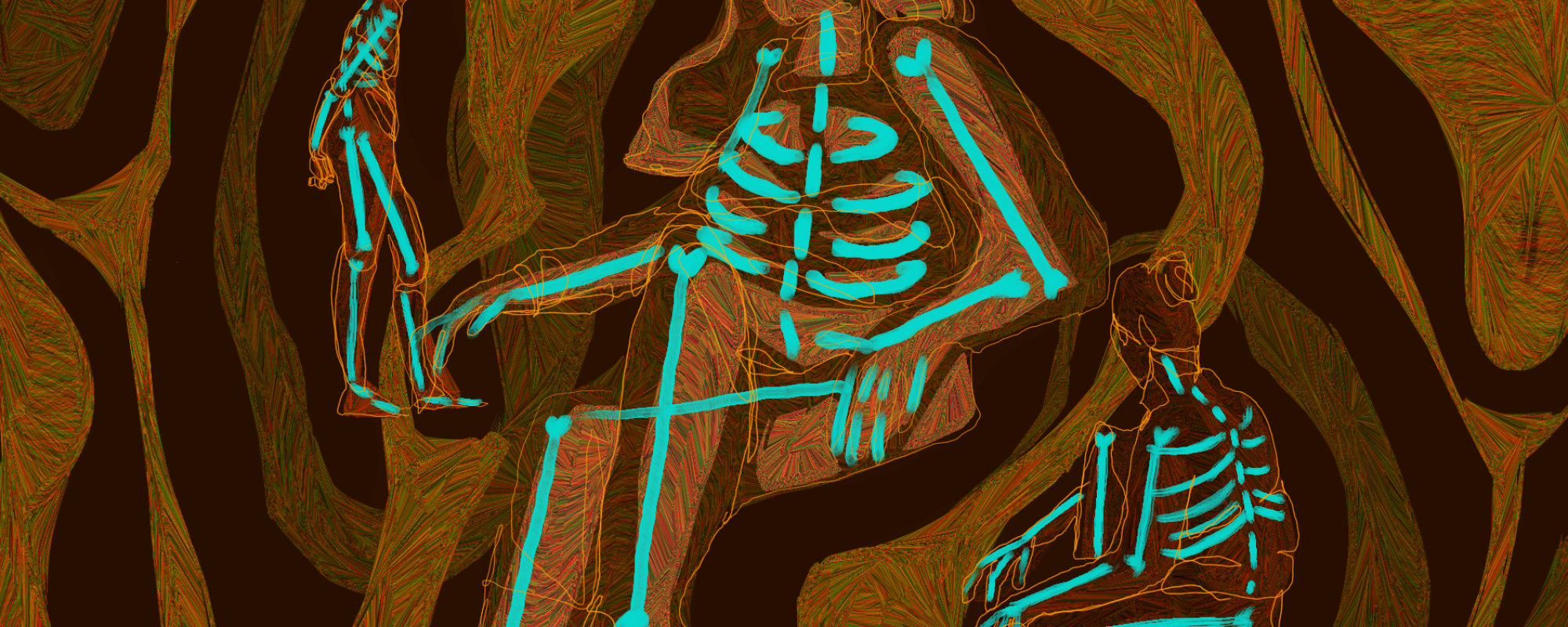 blue human skeletons on a brown and orange background