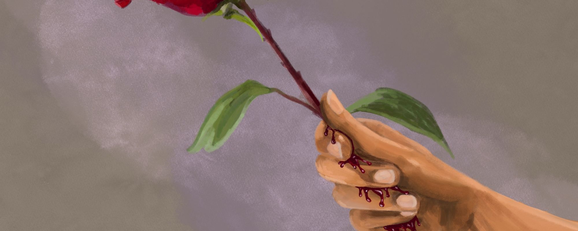 hand extended with red rose in palm and blood dripping from grip