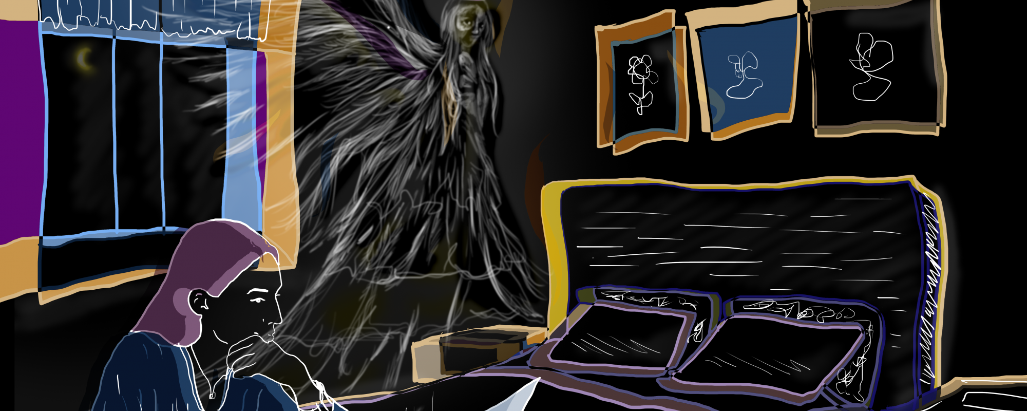 a woman sits in a purple, dark blue, and black themed room at her laptop with a transparent angel hovering nearby
