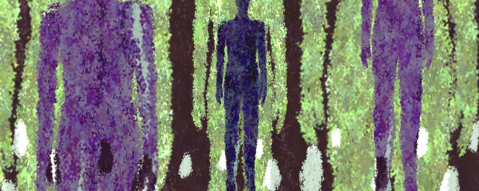 silhouettes of people in green and purple against black background