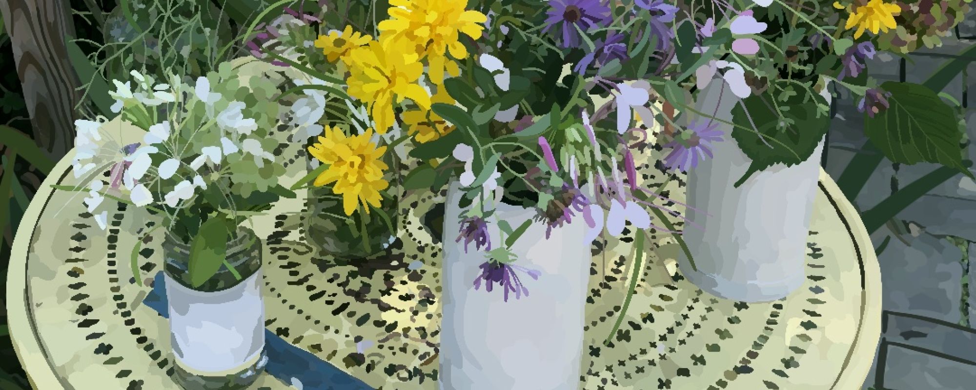vases of flowers on a table with a sign that says free flowers