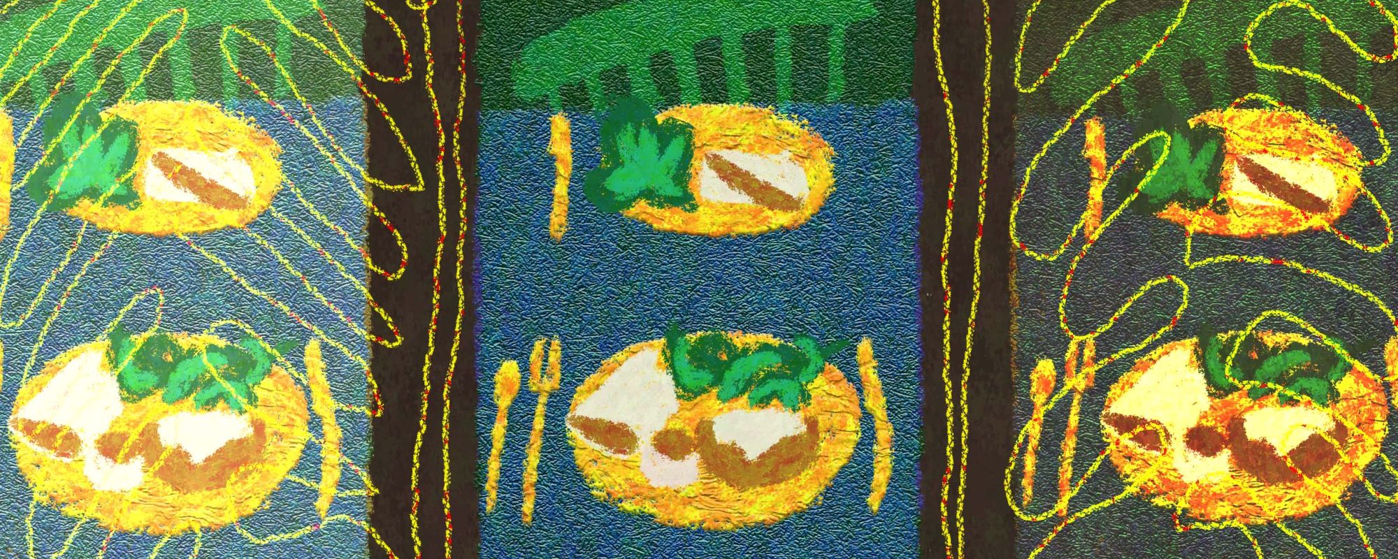 three plates of food on green plates