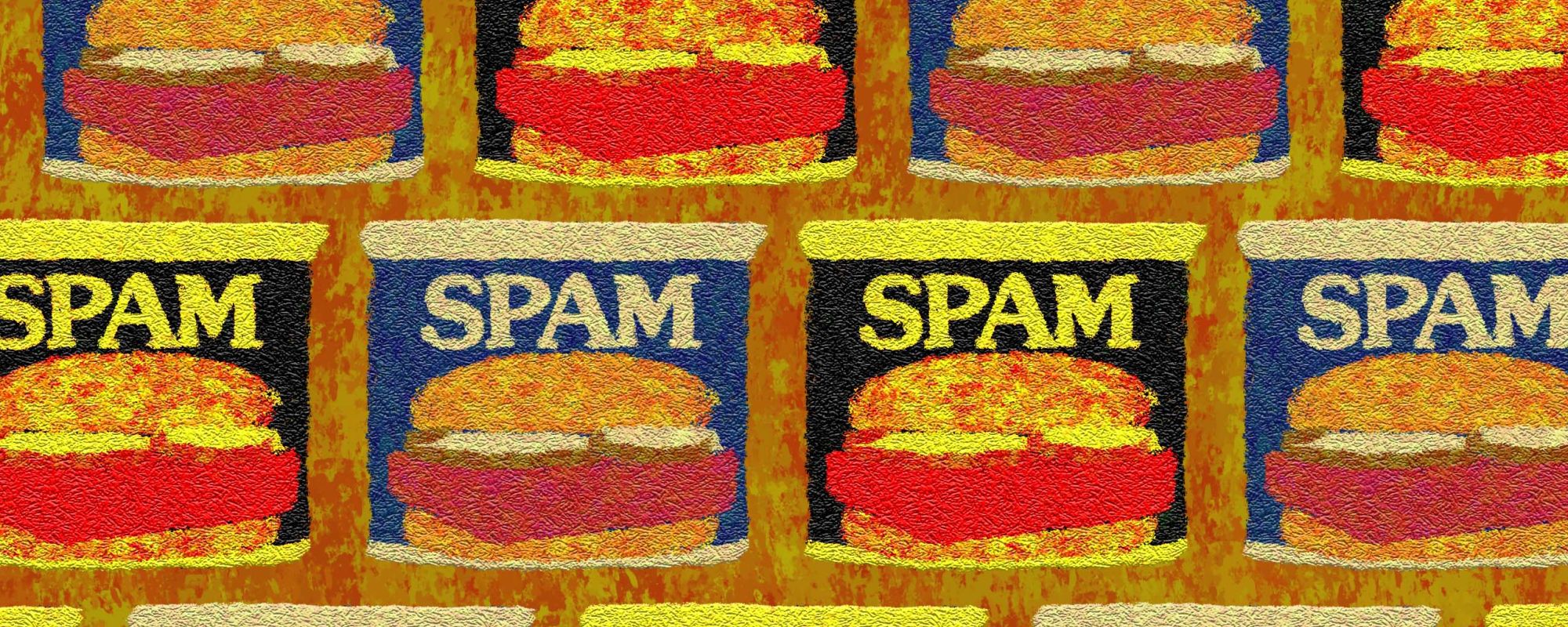 shelves of SPAM on a wall in blue cans