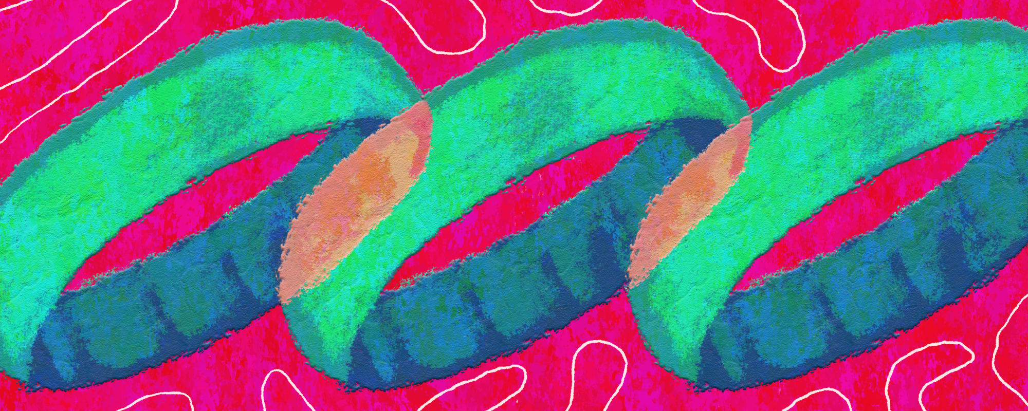 Three green wedding rings on a pink background