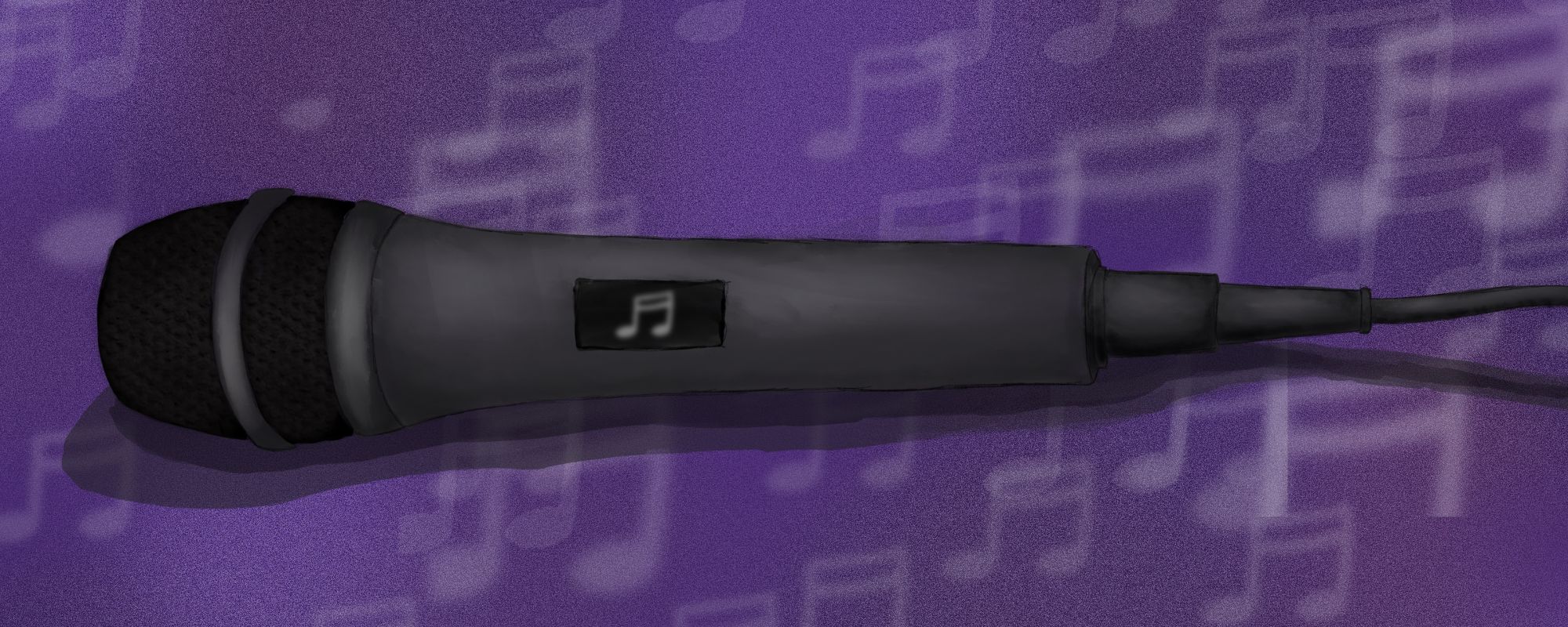 A black microphone on a purple background filled with music notes  