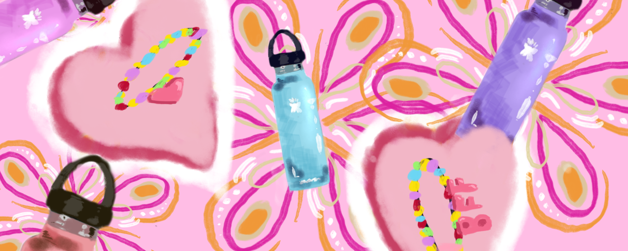 Pink hearts, necklaces, flowers and multicolored bright hydro flask water bottles on a pink background.