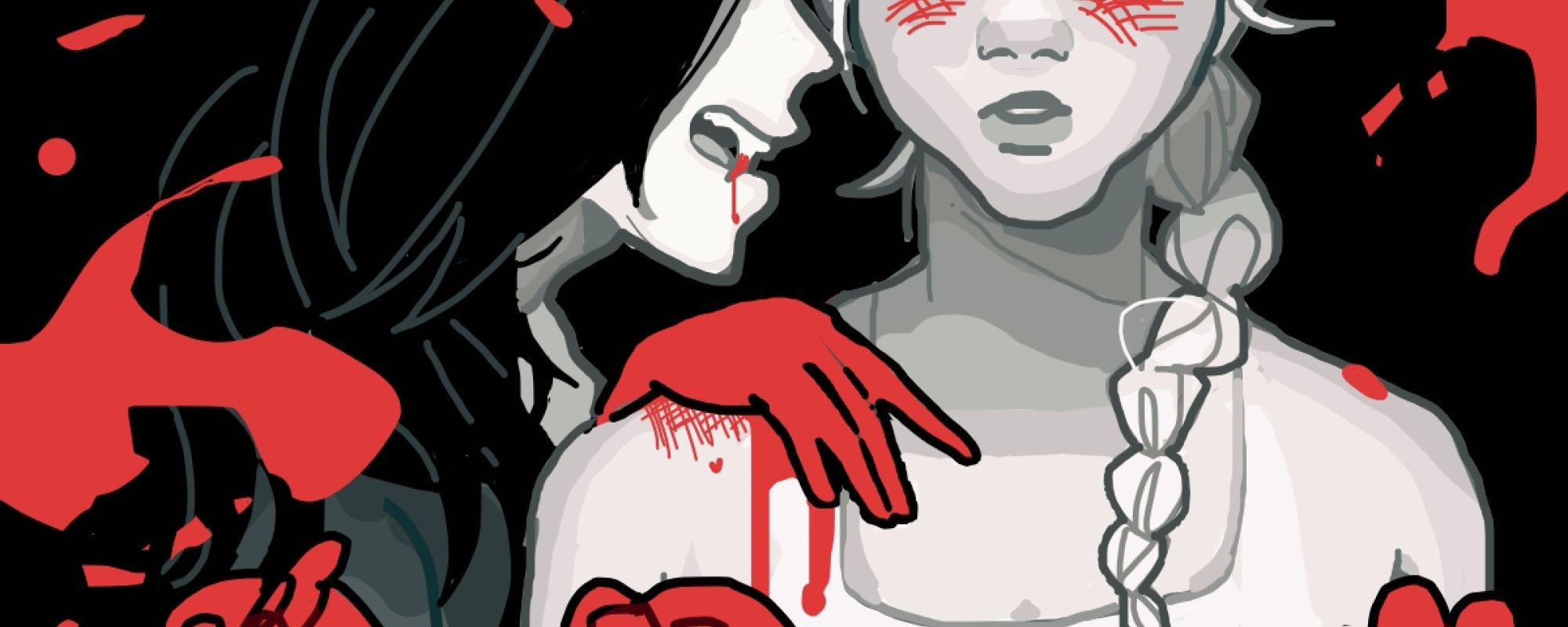 Vampire woman touching the shoulder of a blushing woman