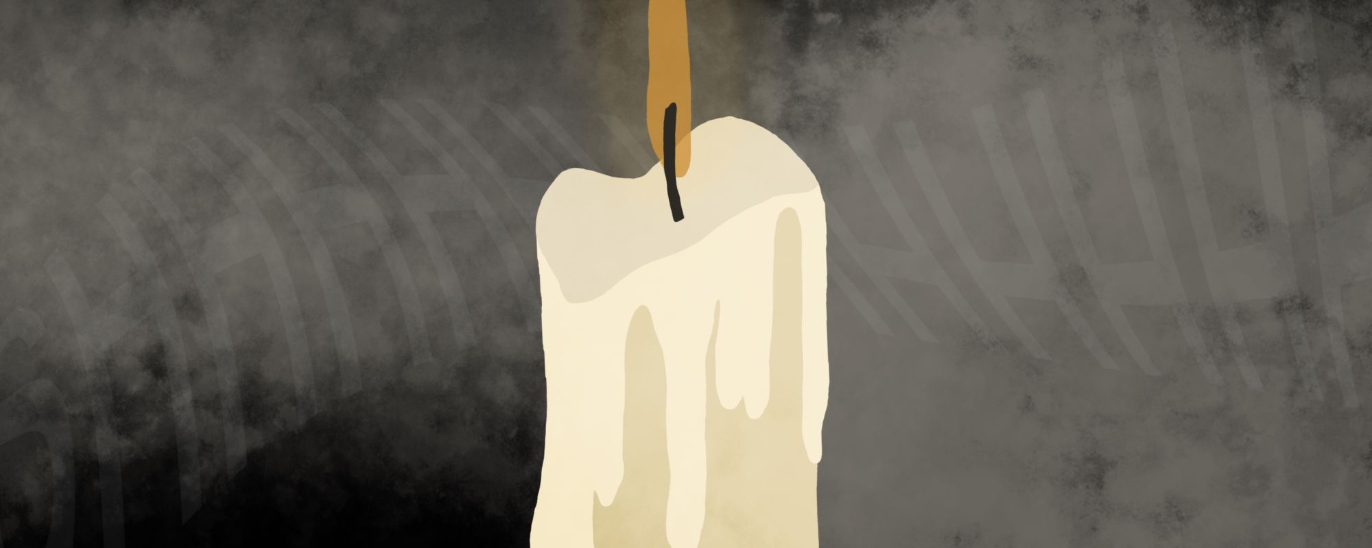 lit candle with dripping wax on a black and gray background