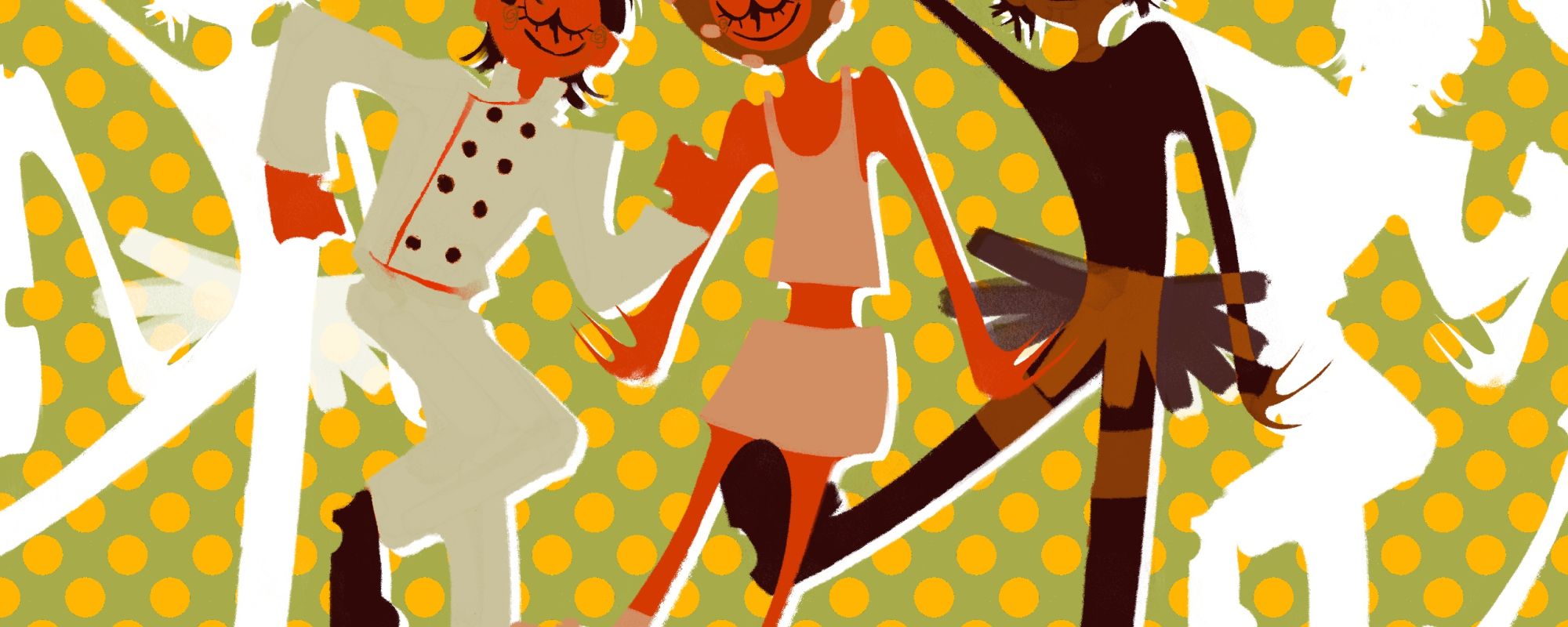 dancing figures in Halloween costumes on a green background with yellow polka dots