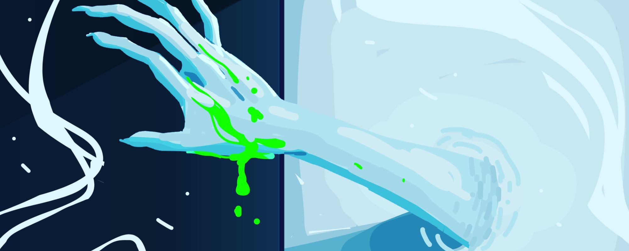 Blue hand with long fingernails and green goo reaching out of a television screen