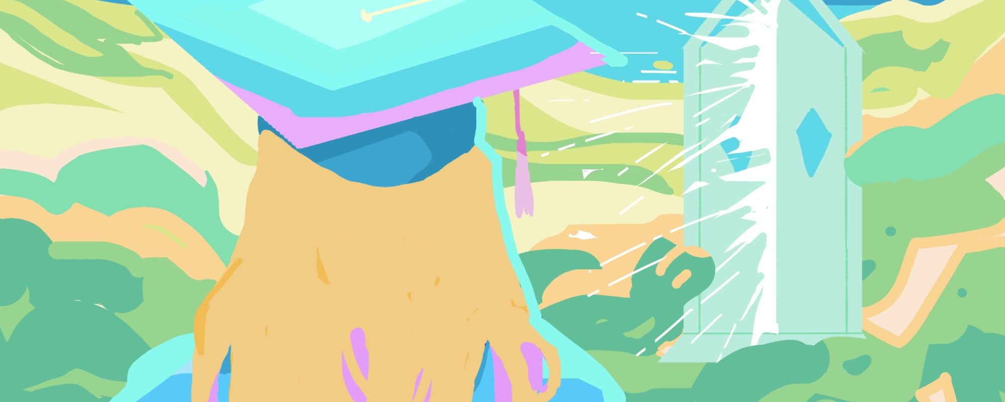 Blonde woman in graduation cap looking forward towards a door in the landscape