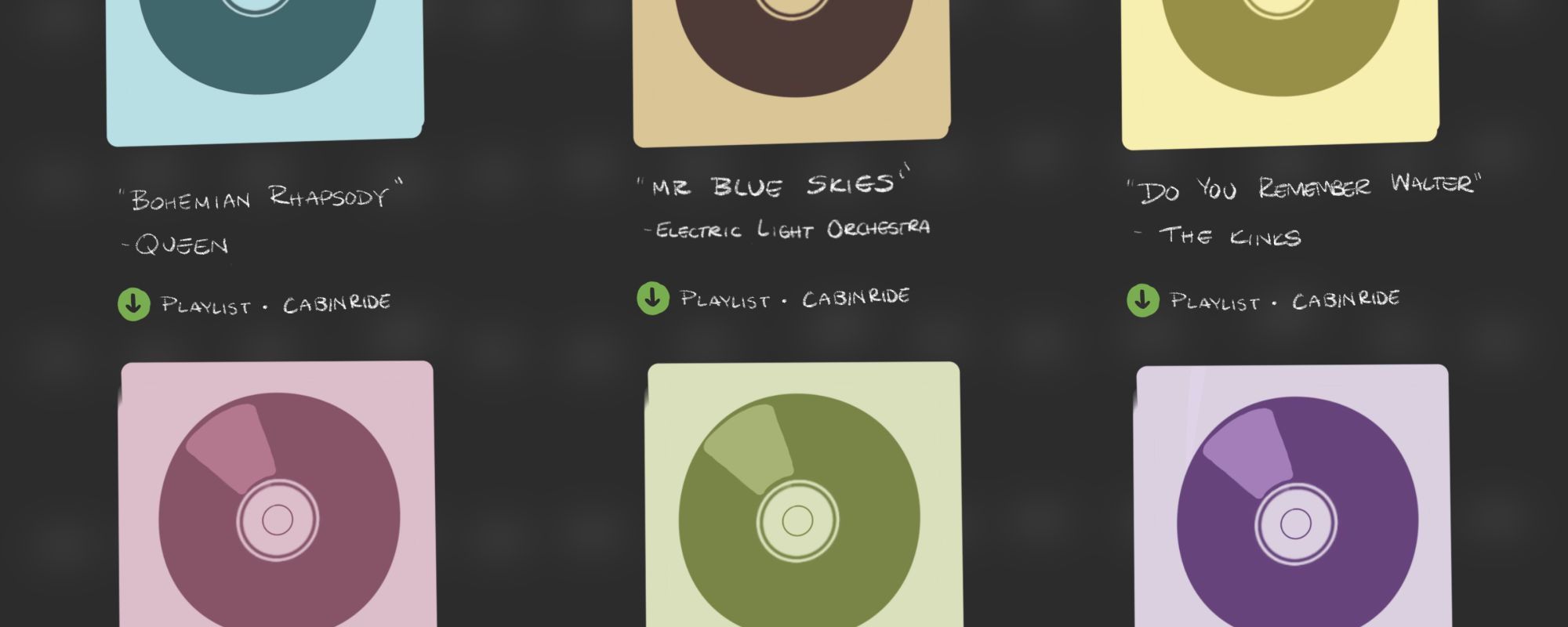 Six different colored records for oldies songs on a black background