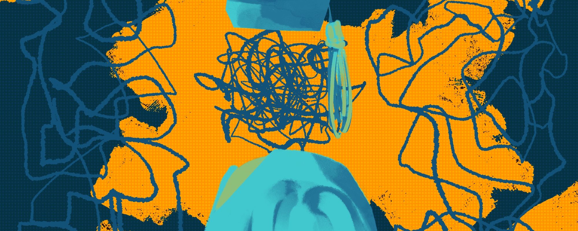 a figure in a teal graduation cap with blue scribbles for a head with a background of orange and blue, with more blue scribbles